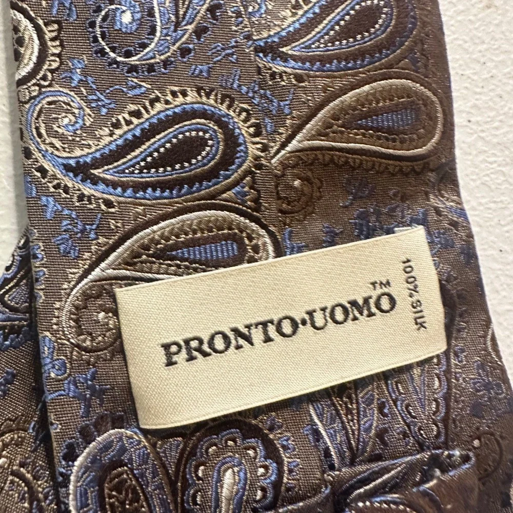 Pronto Uomo Tie Mens OS Brown Blue Paisley Silk Hand Made Business Professional